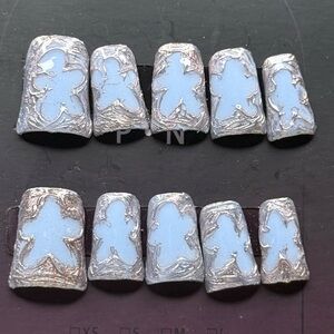 Blue and Silver Handmade Nail Design In Size M